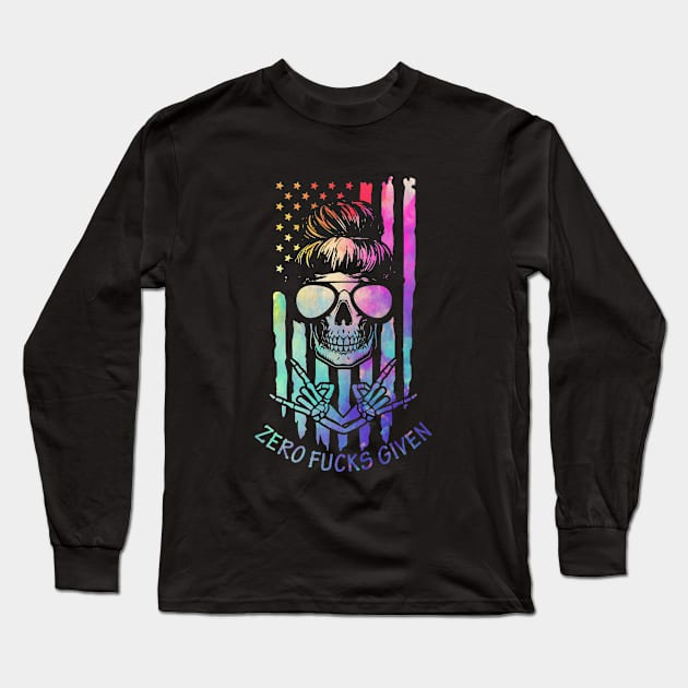 Zero Fucks Given American Flag skull Long Sleeve T-Shirt by outdoorlover